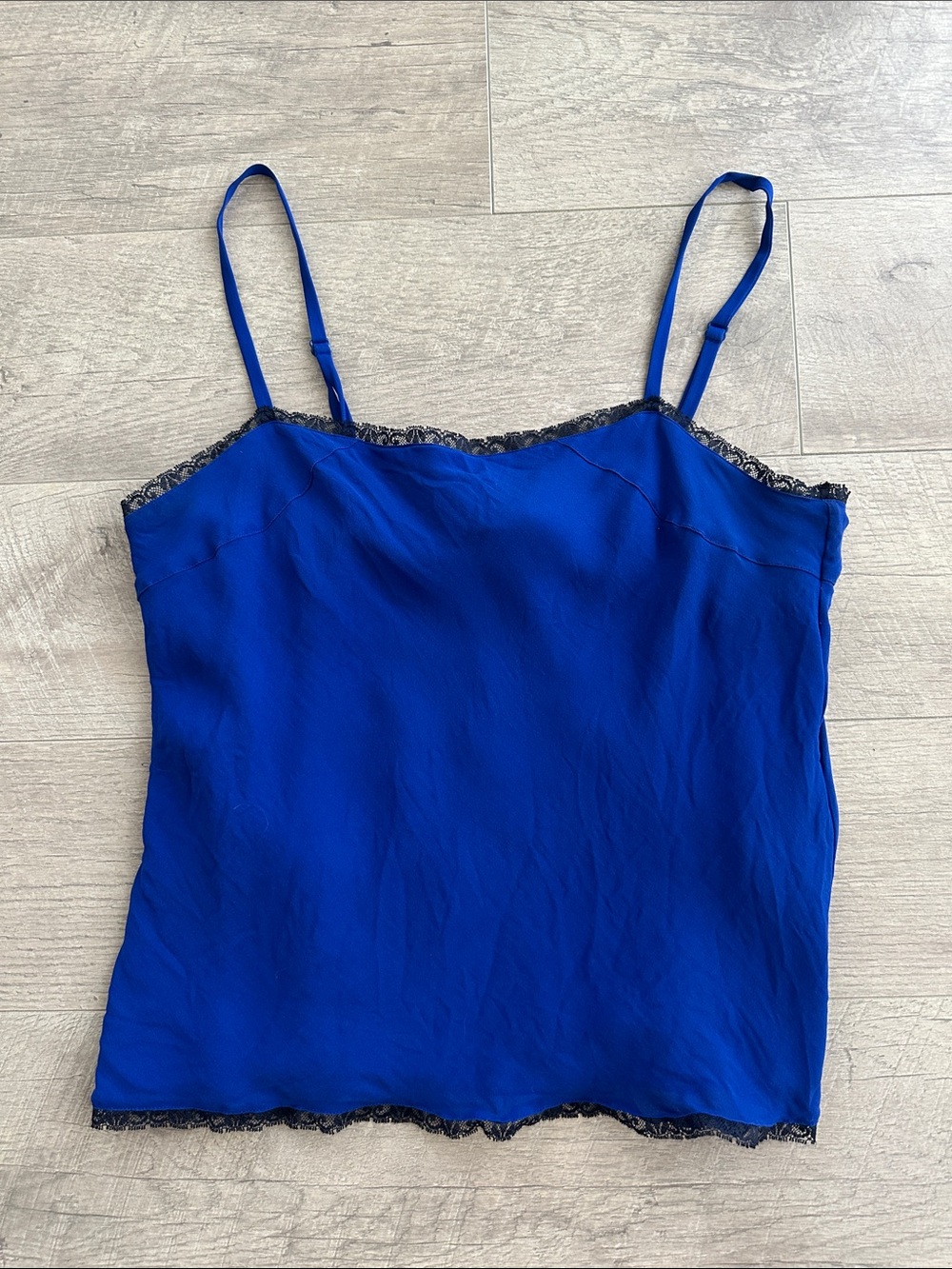 100% Silk Top in Royal Blue with Black Lace Trim